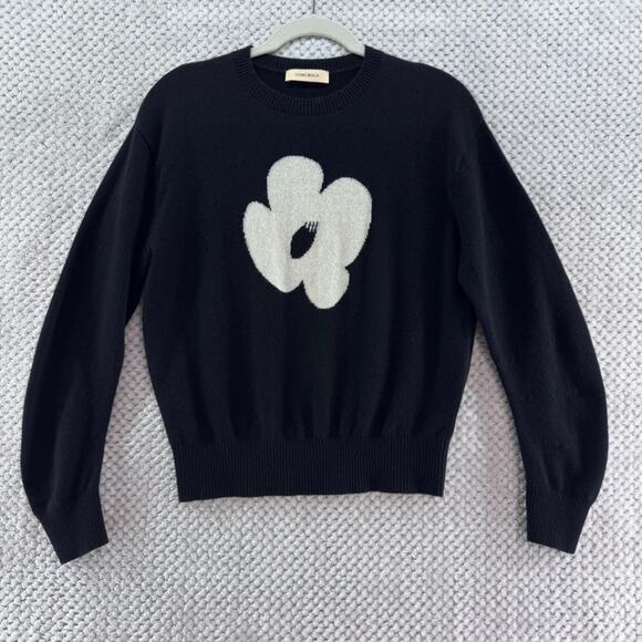 COMO BOCA Sweater Womens S Black Flower Cashmere Rib Crew Neck Long Sleeve - Picture 1 of 10